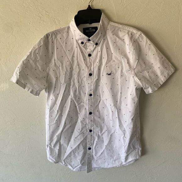 Hollister white navy print short sleeve button down shirt - Picture 1 of 8